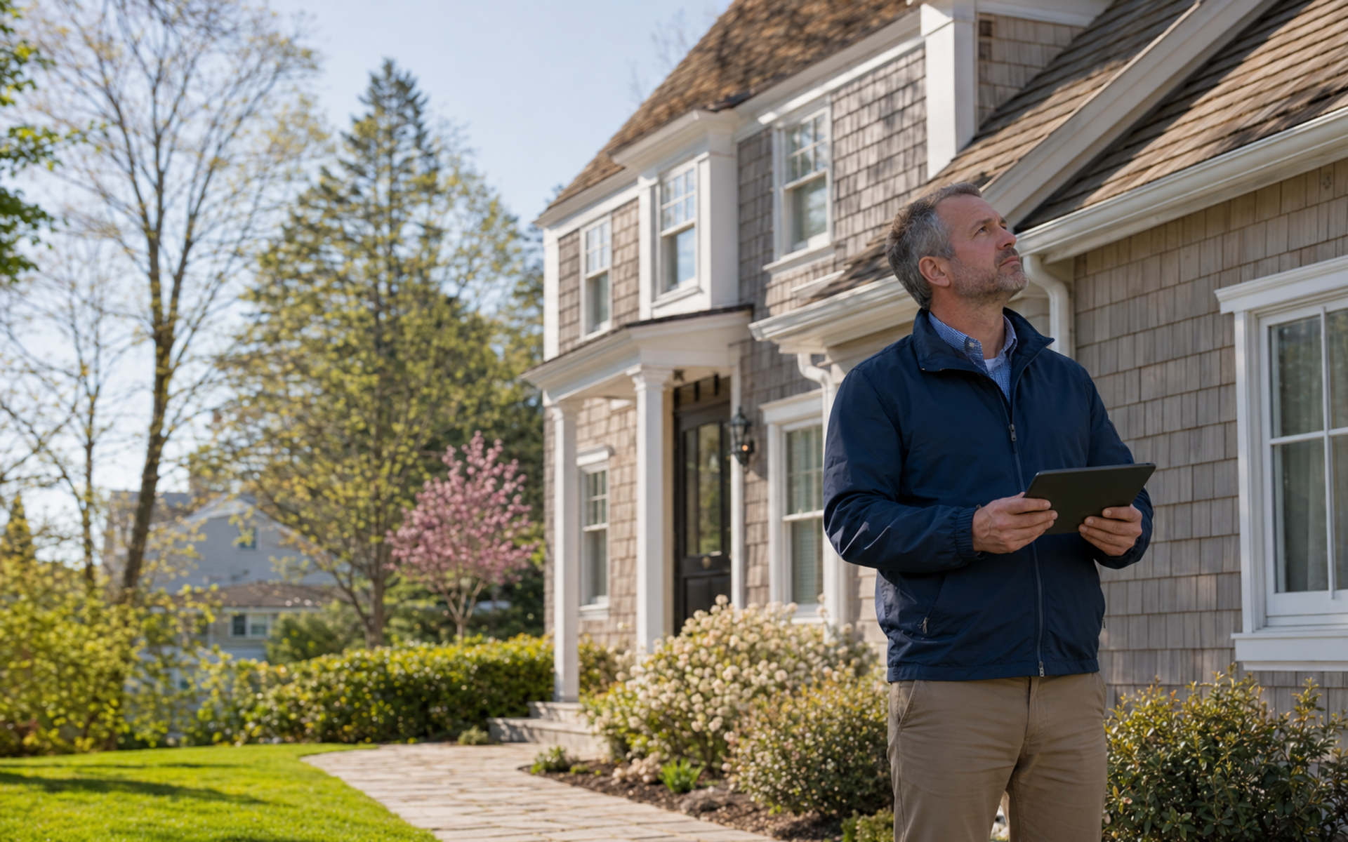 Estate field services coordinator documenting the exterior of a New York home
